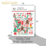 Holiday Cheer Die Cuts, size guide shown in hand for scale, showing pre-cut scrapbook embellishments for layouts, handmade cards, journals, mini albums, memory pages, and layered paper crafts. Buyer theme: Christmas Die Cuts & Holiday Scrapbook Embellishments. Holiday Cheer Die Cuts with Christmas titles, Santa faces, gingerbread cookies, candy canes, stockings, ornaments, presents, wreaths, cocoa mugs, snowflakes, bows and sweets