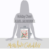 Holiday Cheer Die Cuts, size guide image, showing pre-cut scrapbook embellishments for layouts, handmade cards, journals, mini albums, memory pages, and layered paper crafts. Buyer theme: Christmas Die Cuts & Holiday Scrapbook Embellishments. Holiday Cheer Die Cuts with Christmas titles, Santa faces, gingerbread cookies, candy canes, stockings, ornaments, presents, wreaths, cocoa mugs, snowflakes, bows and sweets. Designed for Christmas morning pages, Festive baking memories, Card making