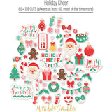 Holiday Cheer Die Cuts, die cuts spread out image, showing pre-cut scrapbook embellishments for layouts, handmade cards, journals, mini albums, memory pages, and layered paper crafts. Buyer theme: Christmas Die Cuts & Holiday Scrapbook Embellishments. Holiday Cheer Die Cuts with Christmas titles, Santa faces, gingerbread cookies, candy canes, stockings, ornaments, presents, wreaths, cocoa mugs, snowflakes, bows and sweets. Designed for Festive baking memories, Card making, Mini albums