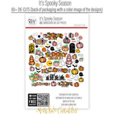 It's Spooky Season Die Cuts, back packaging image, showing pre-cut scrapbook embellishments for layouts, handmade cards, journals, mini albums, memory pages, and layered paper crafts. Buyer theme: Halloween Die Cuts & Scrapbook Embellishments. It's Spooky Season die cuts with friendly ghosts, pink and orange pumpkins, bats, haunted houses, speech bubbles and Halloween title art. Scrapbook die cuts, paper embellishments, card making accents, journal decorations, and layered paper craft supplies