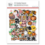 It's Spooky Season Die Cuts, packaging image, showing pre-cut scrapbook embellishments for layouts, handmade cards, journals, mini albums, memory pages, and layered paper crafts. Buyer theme: Halloween Die Cuts & Scrapbook Embellishments. It's Spooky Season die cuts with friendly ghosts, pink and orange pumpkins, bats, haunted houses, speech bubbles and Halloween title art. Scrapbook die cuts, paper embellishments, card making accents, journal decorations, and layered paper craft supplies