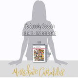 It's Spooky Season Die Cuts, size guide image, showing pre-cut scrapbook embellishments for layouts, handmade cards, journals, mini albums, memory pages, and layered paper crafts. Buyer theme: Halloween Die Cuts & Scrapbook Embellishments. It's Spooky Season die cuts with friendly ghosts, pink and orange pumpkins, bats, haunted houses, speech bubbles and Halloween title art. Scrapbook die cuts, paper embellishments, card making accents, journal decorations, and layered paper craft supplies