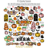 It's Spooky Season Collection, die cuts spread out image, showing coordinated Paper & Sticker Kit, full-size Die Cuts, and Sticker Sheet for scrapbook layouts, memory albums, cards, journals, and keepsakes. Buyer theme: Coordinated Halloween Scrapbook Collection. It's Spooky Season scrapbook collection with 12x12 Double-Sided Paper, Die Cuts and one coordinating Sticker Sheet. Scrapbook collection, paper and sticker supplies, die cut embellishments, and coordinated memory keeping products