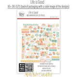Life is Good Die Cuts, back packaging image, showing pre-cut scrapbook embellishments for layouts, handmade cards, journals, mini albums, memory pages, and layered paper crafts. Buyer theme: Everyday Die Cuts & Positive Scrapbook Embellishments. Life is Good Die Cuts with positive titles, floral bouquets, flowers, mushrooms, cherries, rainbows, clouds, suns, hearts, banners and labels for layered paper projects. Designed for Card making, Mini albums, Junk journals