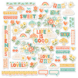 Life is Good Die Cuts, main product image, showing pre-cut scrapbook embellishments for layouts, handmade cards, journals, mini albums, memory pages, and layered paper crafts. Buyer theme: Everyday Die Cuts & Positive Scrapbook Embellishments. Life is Good Die Cuts with positive titles, floral bouquets, flowers, mushrooms, cherries, rainbows, clouds, suns, hearts, banners and labels for layered paper projects