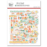 Life is Good Die Cuts, packaging image, showing pre-cut scrapbook embellishments for layouts, handmade cards, journals, mini albums, memory pages, and layered paper crafts. Buyer theme: Everyday Die Cuts & Positive Scrapbook Embellishments. Life is Good Die Cuts with positive titles, floral bouquets, flowers, mushrooms, cherries, rainbows, clouds, suns, hearts, banners and labels for layered paper projects. Designed for Mini albums, Junk journals, Positive paper crafting