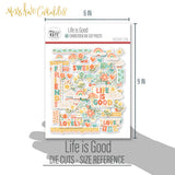 Life is Good Die Cuts, size guide shown in hand for scale, showing pre-cut scrapbook embellishments for layouts, handmade cards, journals, mini albums, memory pages, and layered paper crafts. Buyer theme: Everyday Die Cuts & Positive Scrapbook Embellishments. Life is Good Die Cuts with positive titles, floral bouquets, flowers, mushrooms, cherries, rainbows, clouds, suns, hearts, banners and labels for layered paper projects
