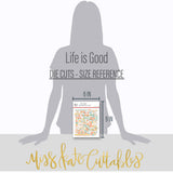 Life is Good Die Cuts, size guide image, showing pre-cut scrapbook embellishments for layouts, handmade cards, journals, mini albums, memory pages, and layered paper crafts. Buyer theme: Everyday Die Cuts & Positive Scrapbook Embellishments. Life is Good Die Cuts with positive titles, floral bouquets, flowers, mushrooms, cherries, rainbows, clouds, suns, hearts, banners and labels for layered paper projects. Designed for Family story pages, Gratitude journals, Card making