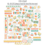 Life is Good Die Cuts, die cuts spread out image, showing pre-cut scrapbook embellishments for layouts, handmade cards, journals, mini albums, memory pages, and layered paper crafts. Buyer theme: Everyday Die Cuts & Positive Scrapbook Embellishments. Life is Good Die Cuts with positive titles, floral bouquets, flowers, mushrooms, cherries, rainbows, clouds, suns, hearts, banners and labels for layered paper projects. Designed for Gratitude journals, Card making, Mini albums