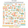 Life is Good Die Cuts, die cuts spread out image, showing pre-cut scrapbook embellishments for layouts, handmade cards, journals, mini albums, memory pages, and layered paper crafts. Buyer theme: Everyday Die Cuts & Positive Scrapbook Embellishments. Life is Good Die Cuts with positive titles, floral bouquets, flowers, mushrooms, cherries, rainbows, clouds, suns, hearts, banners and labels for layered paper projects. Designed for Gratitude journals, Card making, Mini albums