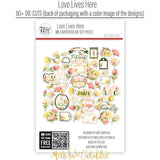 Love Lives Here Die Cuts, back packaging image, showing pre-cut scrapbook embellishments for layouts, handmade cards, journals, mini albums, memory pages, and layered paper crafts. Buyer theme: Family Die Cuts & Floral Scrapbook Embellishments. Love Lives Here Die Cuts with family and home titles, floral bouquets, rosebuds, leaves, tags, labels, banners and frames for layered scrapbook pages, cards and journals. Coordinating patterns include Polka dots, Pinstripes, Leaf and flower silhouettes
