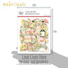 Love Lives Here Die Cuts, size guide shown in hand for scale, showing pre-cut scrapbook embellishments for layouts, handmade cards, journals, mini albums, memory pages, and layered paper crafts. Buyer theme: Family Die Cuts & Floral Scrapbook Embellishments. Love Lives Here Die Cuts with family and home titles, floral bouquets, rosebuds, leaves, tags, labels, banners and frames for layered scrapbook pages, cards and journals