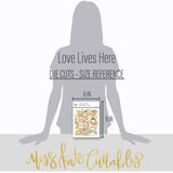 Love Lives Here Die Cuts, size guide image, showing pre-cut scrapbook embellishments for layouts, handmade cards, journals, mini albums, memory pages, and layered paper crafts. Buyer theme: Family Die Cuts & Floral Scrapbook Embellishments. Love Lives Here Die Cuts with family and home titles, floral bouquets, rosebuds, leaves, tags, labels, banners and frames for layered scrapbook pages, cards and journals. Coordinating patterns include Heritage plaid, Botanical floral prints, Polka dots