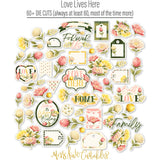 Love Lives Here Die Cuts, die cuts spread out image, showing pre-cut scrapbook embellishments for layouts, handmade cards, journals, mini albums, memory pages, and layered paper crafts. Buyer theme: Family Die Cuts & Floral Scrapbook Embellishments. Love Lives Here Die Cuts with family and home titles, floral bouquets, rosebuds, leaves, tags, labels, banners and frames for layered scrapbook pages, cards and journals. Coordinating patterns include Botanical floral prints, Polka dots, Pinstripes