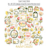 Love Lives Here Die Cuts, die cuts spread out image, showing pre-cut scrapbook embellishments for layouts, handmade cards, journals, mini albums, memory pages, and layered paper crafts. Buyer theme: Family Die Cuts & Floral Scrapbook Embellishments. Love Lives Here Die Cuts with family and home titles, floral bouquets, rosebuds, leaves, tags, labels, banners and frames for layered scrapbook pages, cards and journals. Coordinating patterns include Botanical floral prints, Polka dots, Pinstripes