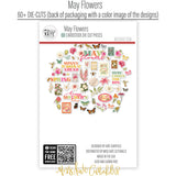 May Flowers Die Cuts, back packaging image, showing pre-cut scrapbook embellishments for layouts, handmade cards, journals, mini albums, memory pages, and layered paper crafts. Buyer theme: Spring Floral Die Cuts & Garden Ephemera. May Flowers die cuts with flowers, butterflies, bees, birds, hummingbirds, seed packets, leaves and cheerful spring phrases. Color palette includes Rose pink, coral, blush, sage green, mint, yellow, orange, cream and charcoal
