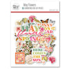 May Flowers Die Cuts, packaging image, showing pre-cut scrapbook embellishments for layouts, handmade cards, journals, mini albums, memory pages, and layered paper crafts. Buyer theme: Spring Floral Die Cuts & Garden Ephemera. May Flowers die cuts with flowers, butterflies, bees, birds, hummingbirds, seed packets, leaves and cheerful spring phrases. Color palette includes Rose pink, coral, blush, sage green, mint, yellow, orange, cream and charcoal