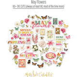 May Flowers Die Cuts, die cuts spread out image, showing pre-cut scrapbook embellishments for layouts, handmade cards, journals, mini albums, memory pages, and layered paper crafts. Buyer theme: Spring Floral Die Cuts & Garden Ephemera. May Flowers die cuts with flowers, butterflies, bees, birds, hummingbirds, seed packets, leaves and cheerful spring phrases. Color palette includes Rose pink, coral, blush, sage green, mint, yellow, orange, cream and charcoal