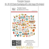 Pumpkin Season Die Cuts, back packaging image, showing pre-cut scrapbook embellishments for layouts, handmade cards, journals, mini albums, memory pages, and layered paper crafts. Buyer theme: Autumn Scrapbook Die Cuts for Cozy Pages. Fall die cut pack with pumpkins, leaves, mugs, sweaters, pie, blankets, journaling pieces, and cozy autumn sentiments. Visible artwork includes blankets, autumn leaves, acorns, berry sprigs. Color palette includes sage green, harvest gold, dusty teal