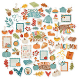 Pumpkin Season Die Cuts, main product image, showing pre-cut scrapbook embellishments for layouts, handmade cards, journals, mini albums, memory pages, and layered paper crafts. Buyer theme: Autumn Scrapbook Die Cuts for Cozy Pages. Fall die cut pack with pumpkins, leaves, mugs, sweaters, pie, blankets, journaling pieces, and cozy autumn sentiments. Visible artwork includes pumpkins, hot drink mugs, pie slices, sweaters. Coordinating patterns include autumn plaid, pumpkin toss, tiny floral dot