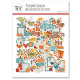 Pumpkin Season Die Cuts, packaging image, showing pre-cut scrapbook embellishments for layouts, handmade cards, journals, mini albums, memory pages, and layered paper crafts. Buyer theme: Autumn Scrapbook Die Cuts for Cozy Pages. Fall die cut pack with pumpkins, leaves, mugs, sweaters, pie, blankets, journaling pieces, and cozy autumn sentiments. Visible artwork includes autumn leaves, acorns, berry sprigs, journaling cards. Color palette includes harvest gold, dusty teal, soft aqua