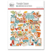 Pumpkin Season Die Cuts, packaging image, showing pre-cut scrapbook embellishments for layouts, handmade cards, journals, mini albums, memory pages, and layered paper crafts. Buyer theme: Autumn Scrapbook Die Cuts for Cozy Pages. Fall die cut pack with pumpkins, leaves, mugs, sweaters, pie, blankets, journaling pieces, and cozy autumn sentiments. Visible artwork includes autumn leaves, acorns, berry sprigs, journaling cards. Color palette includes harvest gold, dusty teal, soft aqua