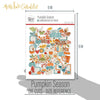 Pumpkin Season Die Cuts, size guide shown in hand for scale, showing pre-cut scrapbook embellishments for layouts, handmade cards, journals, mini albums, memory pages, and layered paper crafts. Buyer theme: Autumn Scrapbook Die Cuts for Cozy Pages. Fall die cut pack with pumpkins, leaves, mugs, sweaters, pie, blankets, journaling pieces, and cozy autumn sentiments. Visible artwork includes hot drink mugs, pie slices, sweaters, blankets. Designed for card making, mini albums, junk journals