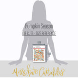 Pumpkin Season Die Cuts, size guide image, showing pre-cut scrapbook embellishments for layouts, handmade cards, journals, mini albums, memory pages, and layered paper crafts. Buyer theme: Autumn Scrapbook Die Cuts for Cozy Pages. Fall die cut pack with pumpkins, leaves, mugs, sweaters, pie, blankets, journaling pieces, and cozy autumn sentiments. Visible artwork includes pie slices, sweaters, blankets, autumn leaves. Color palette includes pumpkin orange, warm cream, sage green