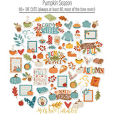 Pumpkin Season Die Cuts, die cuts spread out image, showing pre-cut scrapbook embellishments for layouts, handmade cards, journals, mini albums, memory pages, and layered paper crafts. Buyer theme: Autumn Scrapbook Die Cuts for Cozy Pages. Fall die cut pack with pumpkins, leaves, mugs, sweaters, pie, blankets, journaling pieces, and cozy autumn sentiments. Visible artwork includes sweaters, blankets, autumn leaves, acorns. Color palette includes warm cream, sage green, harvest gold