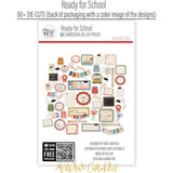 Ready for School Die Cuts, back packaging image, showing pre-cut scrapbook embellishments for layouts, handmade cards, journals, mini albums, family history pages, and layered paper crafts. Buyer theme: School Memories Scrapbook Die Cuts. Ready for School Die Cut Pack with backpacks, apples, books, rulers, school bus, scissors, banners, labels, classroom frames and school-day titles. Coordinating patterns include paperclip pattern paper, notebook line paper, graph grid paper