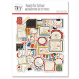 Ready for School Die Cuts, packaging image, showing pre-cut scrapbook embellishments for layouts, handmade cards, journals, mini albums, family history pages, and layered paper crafts. Buyer theme: School Memories Scrapbook Die Cuts. Ready for School Die Cut Pack with backpacks, apples, books, rulers, school bus, scissors, banners, labels, classroom frames and school-day titles. Coordinating patterns include notebook line paper, graph grid paper, diamond grid paper