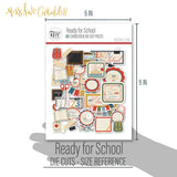 Ready for School Die Cuts, size guide shown in hand for scale, showing pre-cut scrapbook embellishments for layouts, handmade cards, journals, mini albums, family history pages, and layered paper crafts. Buyer theme: School Memories Scrapbook Die Cuts. Ready for School Die Cut Pack with backpacks, apples, books, rulers, school bus, scissors, banners, labels, classroom frames and school-day titles. Color palette includes deep navy blue, apple red, brick red