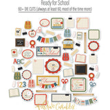Ready for School Die Cuts, die cuts spread out image, showing pre-cut scrapbook embellishments for layouts, handmade cards, journals, mini albums, family history pages, and layered paper crafts. Buyer theme: School Memories Scrapbook Die Cuts. Ready for School Die Cut Pack with backpacks, apples, books, rulers, school bus, scissors, banners, labels, classroom frames and school-day titles. Coordinating patterns include backpack pattern paper, paperclip pattern paper, notebook line paper