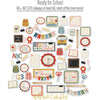 Ready for School Die Cuts, die cuts spread out image, showing pre-cut scrapbook embellishments for layouts, handmade cards, journals, mini albums, family history pages, and layered paper crafts. Buyer theme: School Memories Scrapbook Die Cuts. Ready for School Die Cut Pack with backpacks, apples, books, rulers, school bus, scissors, banners, labels, classroom frames and school-day titles. Coordinating patterns include backpack pattern paper, paperclip pattern paper, notebook line paper