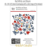 Red White and Bloom Die Cuts, back packaging image, showing pre-cut scrapbook embellishments for layouts, handmade cards, journals, mini albums, memory pages, and layered paper crafts. Buyer theme: Patriotic Floral Die Cuts & Ephemera. Red White and Bloom Die Cuts with navy and red flowers, leafy branches, gold butterflies, plaid hearts and Americana summer titles for layered scrapbook pages and keepsakes. Designed for Card making, Mini albums, Junk journals