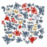 Red White and Bloom Die Cuts, main product image, showing pre-cut scrapbook embellishments for layouts, handmade cards, journals, mini albums, memory pages, and layered paper crafts. Buyer theme: Patriotic Floral Die Cuts & Ephemera. Red White and Bloom Die Cuts with navy and red flowers, leafy branches, gold butterflies, plaid hearts and Americana summer titles for layered scrapbook pages and keepsakes