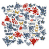 Red White and Bloom Die Cuts, main product image, showing pre-cut scrapbook embellishments for layouts, handmade cards, journals, mini albums, memory pages, and layered paper crafts. Buyer theme: Patriotic Floral Die Cuts & Ephemera. Red White and Bloom Die Cuts with navy and red flowers, leafy branches, gold butterflies, plaid hearts and Americana summer titles for layered scrapbook pages and keepsakes
