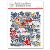 Red White and Bloom Die Cuts, packaging image, showing pre-cut scrapbook embellishments for layouts, handmade cards, journals, mini albums, memory pages, and layered paper crafts. Buyer theme: Patriotic Floral Die Cuts & Ephemera. Red White and Bloom Die Cuts with navy and red flowers, leafy branches, gold butterflies, plaid hearts and Americana summer titles for layered scrapbook pages and keepsakes. Designed for Mini albums, Junk journals, Americana paper crafts