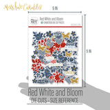 Red White and Bloom Die Cuts, size guide shown in hand for scale, showing pre-cut scrapbook embellishments for layouts, handmade cards, journals, mini albums, memory pages, and layered paper crafts. Buyer theme: Patriotic Floral Die Cuts & Ephemera. Red White and Bloom Die Cuts with navy and red flowers, leafy branches, gold butterflies, plaid hearts and Americana summer titles for layered scrapbook pages and keepsakes