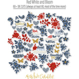 Red White and Bloom Die Cuts, die cuts spread out image, showing pre-cut scrapbook embellishments for layouts, handmade cards, journals, mini albums, memory pages, and layered paper crafts. Buyer theme: Patriotic Floral Die Cuts & Ephemera. Red White and Bloom Die Cuts with navy and red flowers, leafy branches, gold butterflies, plaid hearts and Americana summer titles for layered scrapbook pages and keepsakes. Designed for Summer picnic pages, Card making, Mini albums