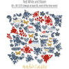 Red White and Bloom Die Cuts, die cuts spread out image, showing pre-cut scrapbook embellishments for layouts, handmade cards, journals, mini albums, memory pages, and layered paper crafts. Buyer theme: Patriotic Floral Die Cuts & Ephemera. Red White and Bloom Die Cuts with navy and red flowers, leafy branches, gold butterflies, plaid hearts and Americana summer titles for layered scrapbook pages and keepsakes. Designed for Summer picnic pages, Card making, Mini albums