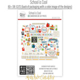 School is Cool Die Cuts, back packaging image, showing pre-cut scrapbook embellishments for layouts, handmade cards, journals, mini albums, memory pages, and layered paper crafts. Buyer theme: Classroom Die Cuts & School Scrapbook Embellishments. School is Cool Die Cuts with school titles, apples, books, pencils, crayons, rulers, notebooks, backpacks, scissors, numbers, classroom labels, frames and school-day accents. Designed for Classroom memory pages, Card making, Mini albums