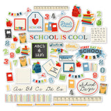 School is Cool Die Cuts, main product image, showing pre-cut scrapbook embellishments for layouts, handmade cards, journals, mini albums, memory pages, and layered paper crafts. Buyer theme: Classroom Die Cuts & School Scrapbook Embellishments. School is Cool Die Cuts with school titles, apples, books, pencils, crayons, rulers, notebooks, backpacks, scissors, numbers, classroom labels, frames and school-day accents