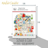 School is Cool Die Cuts, size guide shown in hand for scale, showing pre-cut scrapbook embellishments for layouts, handmade cards, journals, mini albums, memory pages, and layered paper crafts. Buyer theme: Classroom Die Cuts & School Scrapbook Embellishments. School is Cool Die Cuts with school titles, apples, books, pencils, crayons, rulers, notebooks, backpacks, scissors, numbers, classroom labels, frames and school-day accents