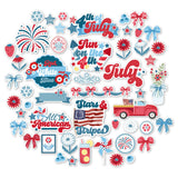 Stars and Stripes Die Cuts, main product image, showing pre-cut scrapbook embellishments for layouts, handmade cards, journals, mini albums, memory pages, and layered paper crafts. Buyer theme: Patriotic Die Cuts & July 4th Ephemera. Stars and Stripes die cuts with fireworks, stars, florals, bows, berries, flag artwork, a pickup truck and patriotic July phrases. Color palette includes Firecracker red, cherry red, coral, powder blue, sky blue, liberty blue, denim, teal blue, white and cream