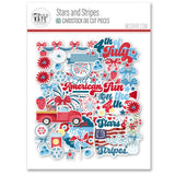 Stars and Stripes Die Cuts, packaging image, showing pre-cut scrapbook embellishments for layouts, handmade cards, journals, mini albums, memory pages, and layered paper crafts. Buyer theme: Patriotic Die Cuts & July 4th Ephemera. Stars and Stripes die cuts with fireworks, stars, florals, bows, berries, flag artwork, a pickup truck and patriotic July phrases. Color palette includes Firecracker red, cherry red, coral, powder blue, sky blue, liberty blue, denim, teal blue, white and cream