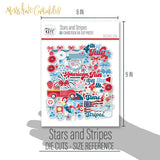 Stars and Stripes Die Cuts, size guide shown in hand for scale, showing pre-cut scrapbook embellishments for layouts, handmade cards, journals, mini albums, memory pages, and layered paper crafts. Buyer theme: Patriotic Die Cuts & July 4th Ephemera. Stars and Stripes die cuts with fireworks, stars, florals, bows, berries, flag artwork, a pickup truck and patriotic July phrases. Scrapbook die cuts, paper embellishments, card making accents, journal decorations, and layered paper craft supplies
