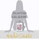 Stars and Stripes Die Cuts, size guide image, showing pre-cut scrapbook embellishments for layouts, handmade cards, journals, mini albums, memory pages, and layered paper crafts. Buyer theme: Patriotic Die Cuts & July 4th Ephemera. Stars and Stripes die cuts with fireworks, stars, florals, bows, berries, flag artwork, a pickup truck and patriotic July phrases. Color palette includes Firecracker red, cherry red, coral, powder blue, sky blue, liberty blue, denim, teal blue, white and cream