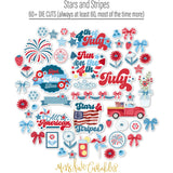 Stars and Stripes Die Cuts, die cuts spread out image, showing pre-cut scrapbook embellishments for layouts, handmade cards, journals, mini albums, memory pages, and layered paper crafts. Buyer theme: Patriotic Die Cuts & July 4th Ephemera. Stars and Stripes die cuts with fireworks, stars, florals, bows, berries, flag artwork, a pickup truck and patriotic July phrases. Scrapbook die cuts, paper embellishments, card making accents, journal decorations, and layered paper craft supplies
