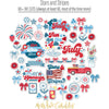 Stars and Stripes Die Cuts, die cuts spread out image, showing pre-cut scrapbook embellishments for layouts, handmade cards, journals, mini albums, memory pages, and layered paper crafts. Buyer theme: Patriotic Die Cuts & July 4th Ephemera. Stars and Stripes die cuts with fireworks, stars, florals, bows, berries, flag artwork, a pickup truck and patriotic July phrases. Scrapbook die cuts, paper embellishments, card making accents, journal decorations, and layered paper craft supplies